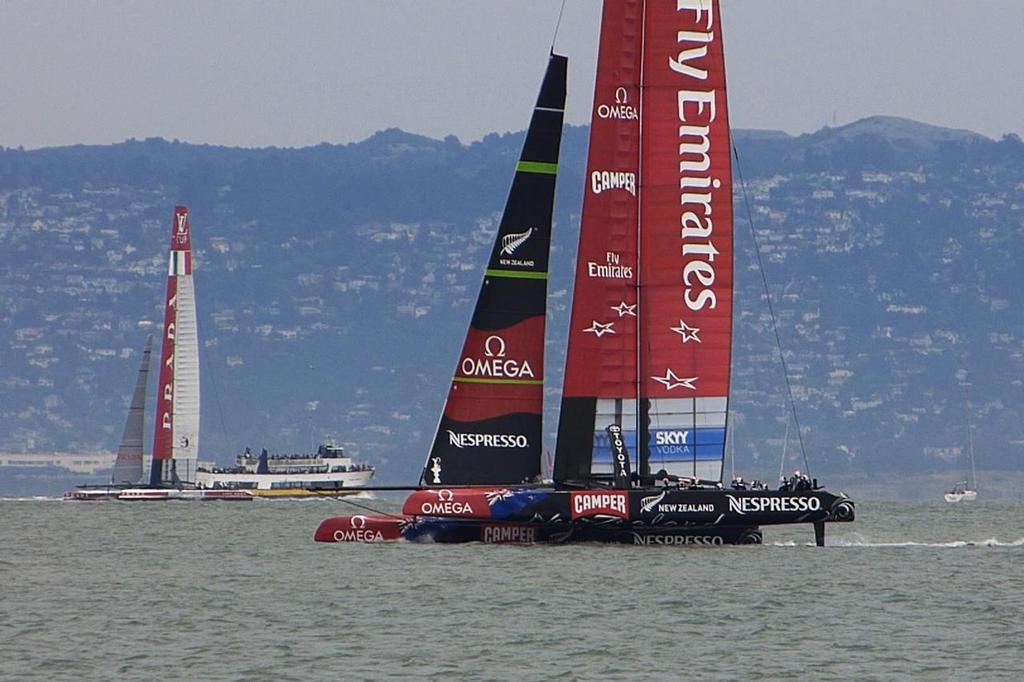 Emirates Team NZ out of the tide on the Marina Green shore - Louis Vuitton Cup, Round Robin 4, Race 1, July 23, 2013 © John Navas 